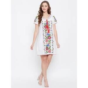 Durga Women’s Medium 100% Cotton Embroidered Floral Shift Dress NWT